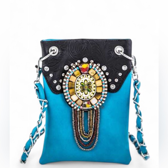 Turquoise & Black Mixed Beaded Western Crossbody Bag - Picture 3 of 5